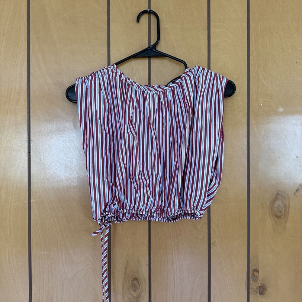 ZARA Striped Poplin Top Red White Blue Striped Sz XS Sleeveless Crop With Tie - Picture 3 of 12